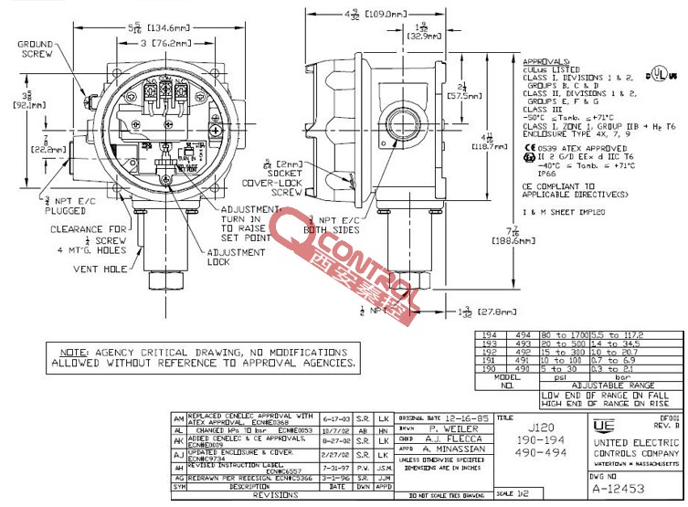 J120-190美国UE燃油低保护压力开关沈阳*** 